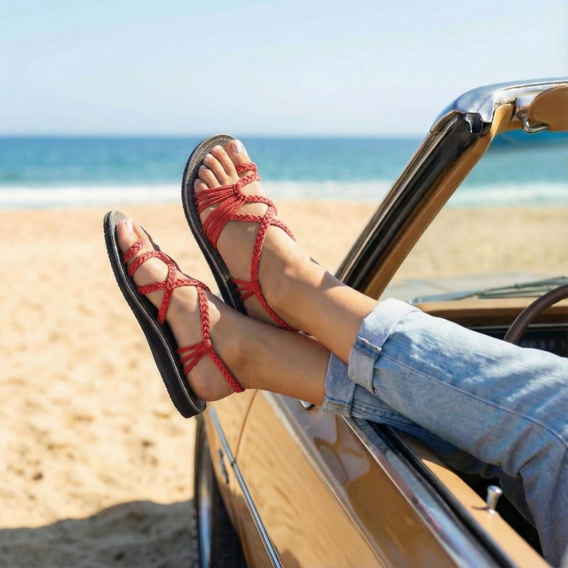 Plaka Palm Leaf Flat Summer Sandals for Women | Perfect for The Beach Walking & Dressy Occasions | Coral Red | Size 7 - Image 5